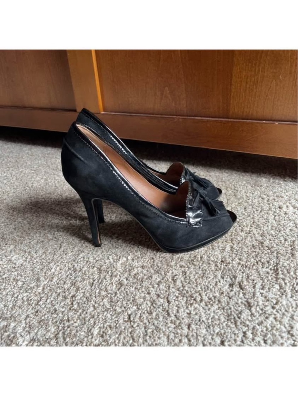 Donald J Pliner Suede Patent Leather Penni Peep Toe Heels Size 7.5